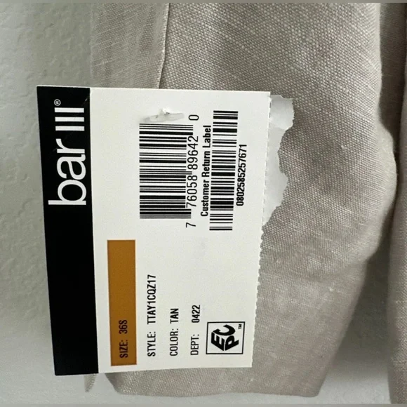 Bar lll Slim Fit Linen Suit Jacket Size 36S  -Tan- - Picture 7 of 7